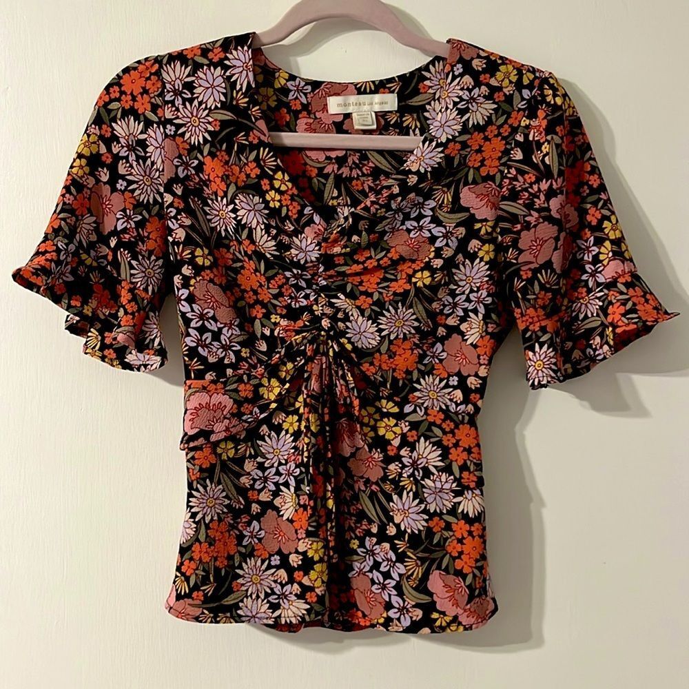 Monteau Retro Floral Flutter Short Sleeve Blouse XS